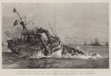 Der Verlust der HMS Victoria, das Flaggschiff sinkt nach der Kollision mit der HMS Camperdown