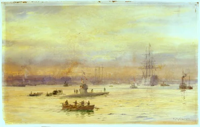 Dieser Blick zeigt den Hafen auf der Gosport-Seite, wo ein U-Boot einfährt, mit einem weiteren davor.