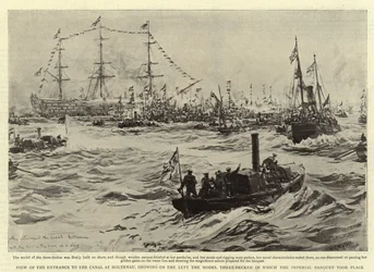 Ansicht des Eingangs zum Kanal in Holtenau, links das Modell eines Dreideckers, in dem das Kaiserliche Bankett stattfand