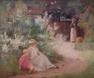 Dame mit ihrem jungen Sohn und Dienstmädchen im Garten