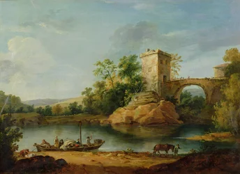 Italienische Flusslandschaft mit Bauern auf einem Kahn und einer Brücke im Hintergrund, ca. 1770