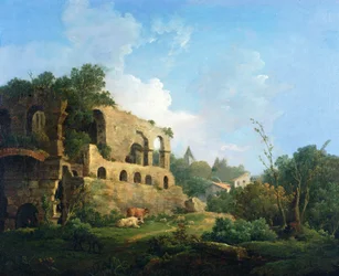 Italienische Landschaft mit einem Haus in der Nähe klassischer Ruinen