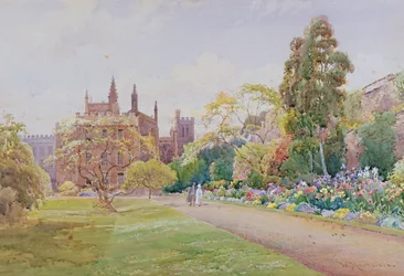 Der lange Spazierweg und die Blumenrabatte im Mai - New College, Oxford, um 1918