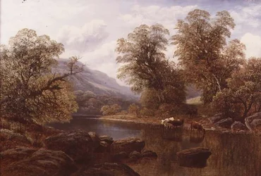 Landschaft mit einem Fluss und Vieh