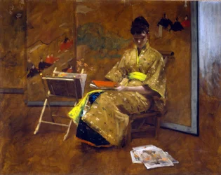 Ein Mädchen im japanischen Gewand. Der Kimono ca. 1887.