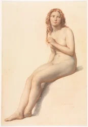 Sitzender weiblicher Akt, Dreiviertelansicht von vorn, 1859