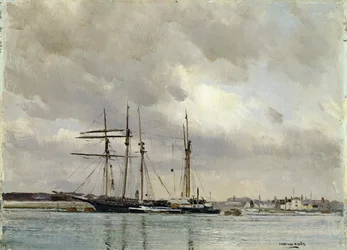 Boote im Hafen beim Verladen von Kaolin, ca. 1900