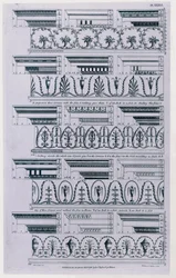 Entwürfe für Gesimse veröffentlicht 1788 von William Pain (ca. 1730-ca. 1790). 1783 Schwarz-Weiß-Gravur