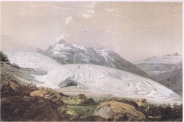 Blick auf den Furkapass mit dem Rhonegletscher, aus British Adventure, veröffentlicht von Collins, 1947