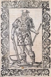 Mann mit Pelzkleidung, Armbrust und Schuhen mit gedrehten Spitzen (Beispiel für rudimentäre Skier), Illustration zugeschrieben Cesare Vecellio, veröffentlicht in Italien im 16. Jahrhundert