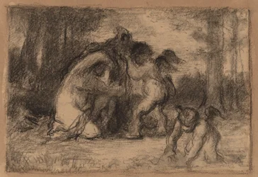 Bewaldete Landschaft mit Putti, die einer Frau beim Ausziehen helfen
