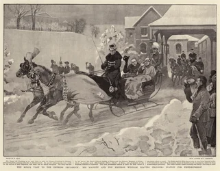 Der Besuch des Königs bei der Kaiserin Friedrich, Seine Majestät und der Kaiser Wilhelm am Bahnhof Cronberg für Friedrichshof