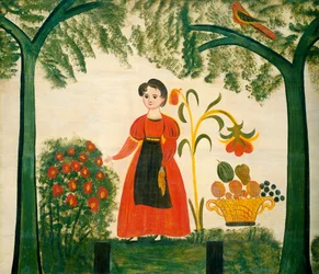Mädchen in Rot mit Blumen und einem Distelfink, um 1830