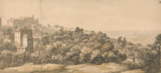 Italienische Landschaft: Dorf auf einem Hügel links, Hang nach rechts abfallend, mit entferntem Tal dahinter