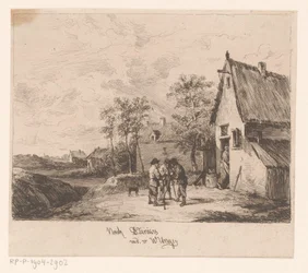 Drei Männer vor einer Herberge