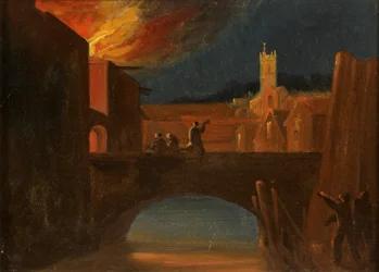 Bristol-Unruhen: Das Brennen von Bridewell, mit der St.-Michaels-Kirche, Bridewell-Brücke, ca. 1831