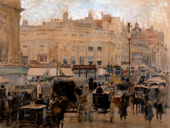 Rush Hour, Oxford Circus (Aquarell mit Firnis und Körperfarbe auf getöntem Papier)