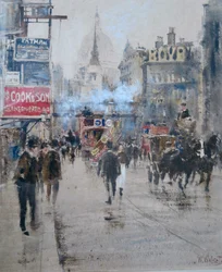 Fleet Street und Ludgate Hill Viadukt mit Rauch von einem vorbeifahrenden Zug, ca. 1910