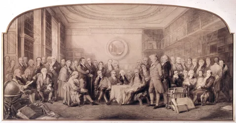 Die bedeutenden Wissenschaftler von 1807-1808. Treffen in der Bibliothek des Royal Institute of Sciences, England. Gravur von William Walker und Sir John Gilbert (1817-1897)
