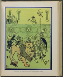 "Der Soldat mit den grünen Schnurrhaaren führte sie durch die Straßen", Illustration aus "Der wunderbare Zauberer von Oz" von Lyman Frank Baum