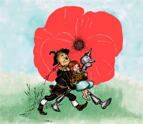 Der Zauberer von Oz - Zeichnung von Denslow, William Wallace für eine der ersten Ausgaben von Frank Baums Buch - Dorothee und ihr Hund Toto sind weit vom tödlichen Mohnfeld entfernt durch die Vogelscheuche und t