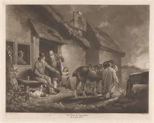 Jäger und Jagdhunde mit ihrer Beute bei einem Gasthaus