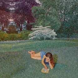 Mädchen liest mit Landschaft, 2019