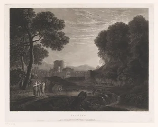 Landschaft mit Tor und Turm am Ufer eines Flusses