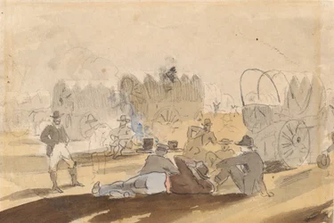 Karawane mit Planwagen rastend [recto]