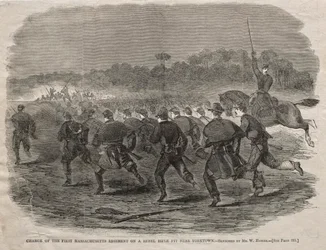 Angriff des ersten Massachusetts-Regiments auf eine Rebellen-Schützenstellung bei Yorktown, 1862