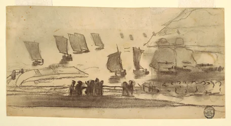 Strandszene mit Menschen und Fischerbooten, Cullercoats, England