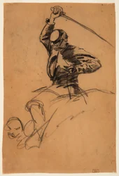 Zeichnung, Kavalleriesoldat mit Schwert zu Pferd, 1863