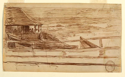 Haus an einem Geländer mit gestrandeten Dories, Cullercoats, England