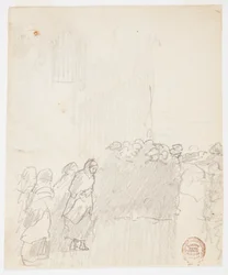 Männer und Frauen blicken aufs Meer, Cullercoats, England