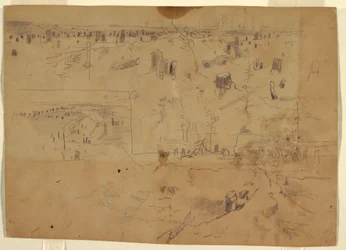 Studien eines Schlachtfelds mit Baumstümpfen und zerstörten Baumstämmen, Petersburg, Virginia, 1864