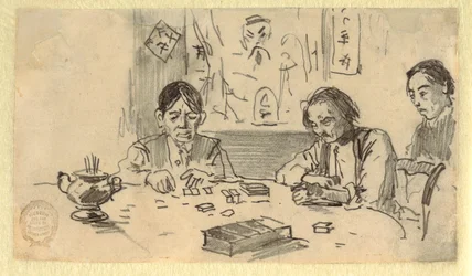 Drei Chinesen spielen Domino in einem Clubhaus in der Baxter Street, New York City, ca. 1874