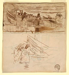 Zwei Studien von Frauen, die das Zuwasserlassen von Dories beobachten, Cullercoats, England, 1881
