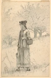 Zeichnung, Junge Frau, die durch ein Feld geht, 1879