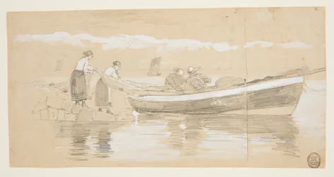 Fischer und Frauen verstauen Netze in einem gestrandeten Dory, Cullercoats, England