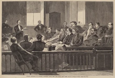Geschworene hören dem Anwalt zu, Oberster Gerichtshof, Neues Rathaus, New York