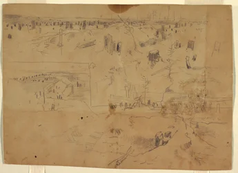Studien eines Schlachtfeldes mit Baumstümpfen und zerstörten Baumstämmen, Petersburg, Virginia
