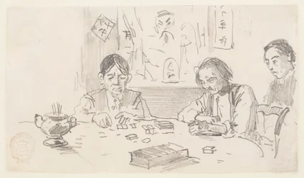Drei chinesische Männer spielen Domino in einem Baxter Street Club-Haus, New York City