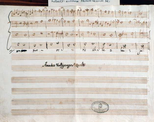 Seite mit der Unterschrift des Komponisten von Querite primum regnum Dei von Mozart zur Erlangung des Titels Accademico filarmonico (1770)