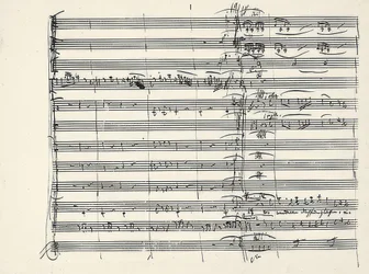 Wolfgang Amadeus Mozart (1756-1791) österreichischer Komponist. Autograph des Schlusses der Feuermusik und des Beginns des Duetts Paminas und Taminos (Wir wandelten durch Feuers Gluten) aus der Zauberflöte. 1791