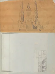 Seite aus einem Sammelalbum mit Zeichnungen und mehreren Drucken von Architektur, ca. 1800-1850