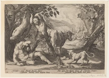 Landschaft mit Merkur, der sein Schwert hebt, um einen schlafenden Argus zu töten