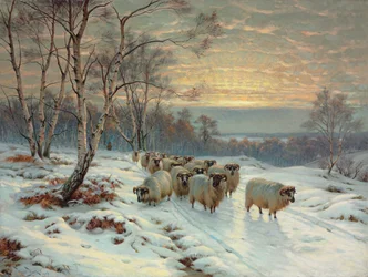 Ein Hirte mit seiner Herde in einer Winterlandschaft