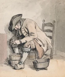 Ein sitzender Mann, der sich über einen Eimer beugt; drei Frauen, schemenhaft, auf der Rückseite