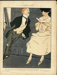 Illustration von Xavier Gose (1876-1915) in Le Lire, 27/08/10 - Die erste Reise - Eisenbahnzug, Herrenmode, Ehebruch