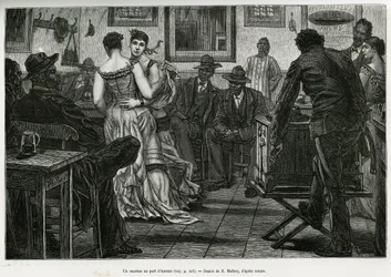 Ein Musiker im Hafen von Antwerpen, wo Matrosen trinken und zum Klang der Drehorgel tanzen können. Gravur von X. Mellery, um die Geschichte von Belgien zu illustrieren, von Camille Lemonnier, veröffentlicht in Le tour du monde, herausgegeben von Edouard Ch